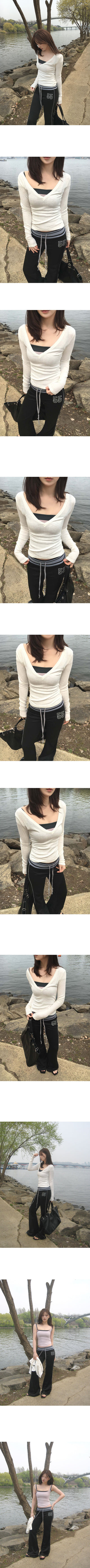 Candy Deep V-Neck Ribbed Slim Loose Long Sleeve Layered T-Shirt