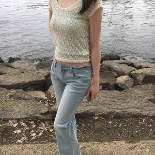 Mint Stitch Low-Rise Semi-Bootcut Denim Stretch Jeans