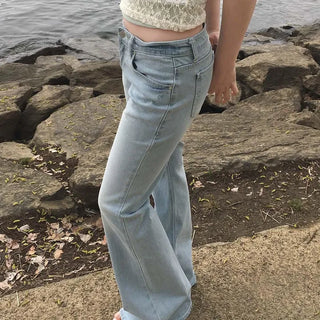 Mint Stitch Low-Rise Semi-Bootcut Denim Stretch Jeans