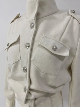 High-neck button collar crop jacket