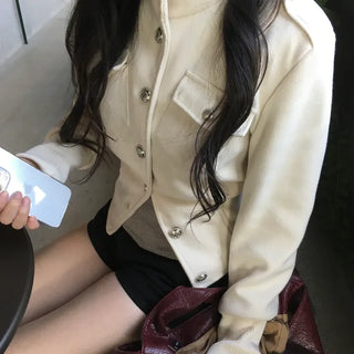 High-neck button collar crop jacket