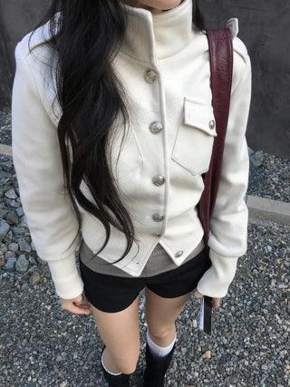 High-neck button collar crop jacket