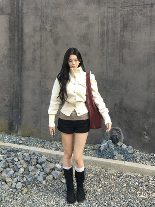 High-neck button collar crop jacket