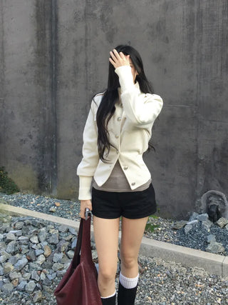 High-neck button collar crop jacket