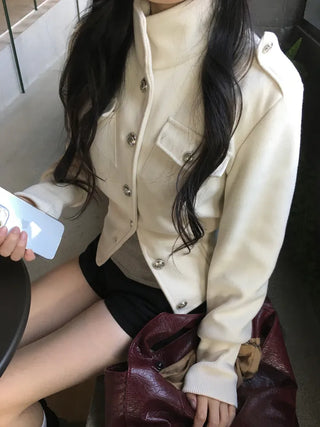 High-neck button collar crop jacket