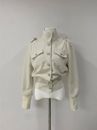High-neck button collar crop jacket