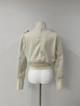 High-neck button collar crop jacket