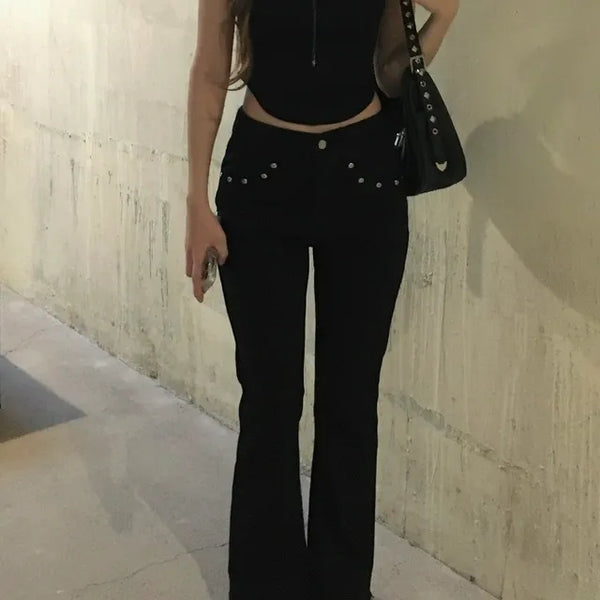 Black eyelet bootcut pants