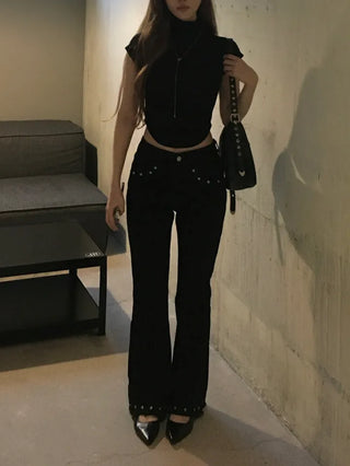 Black eyelet bootcut pants