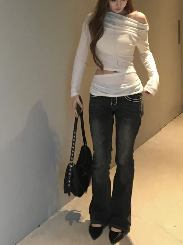 Stitch pocket bootcut denim pants