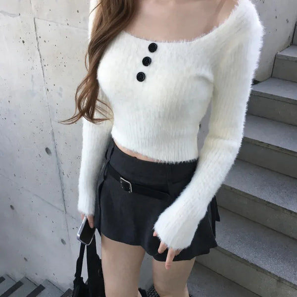 Button angora knit tee