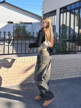 Brown washed wide denim pants