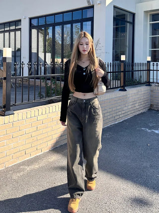 Brown washed wide denim pants