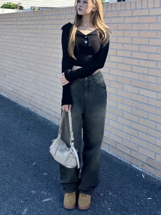 Brown washed wide denim pants