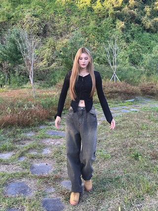 Brown washed wide denim pants