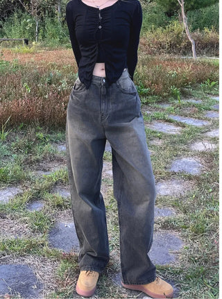 Brown washed wide denim pants