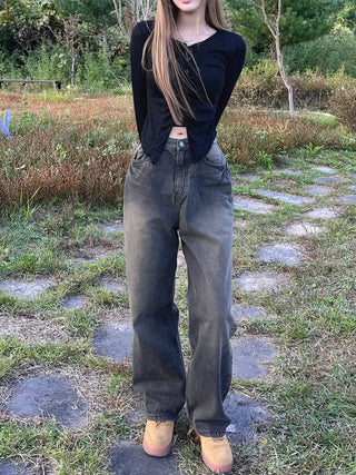 Brown washed wide denim pants
