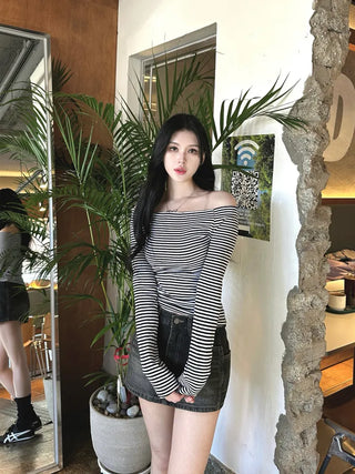 Striped Slim Off-Shoulder Tee