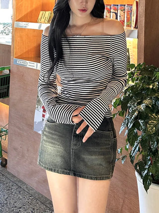 Striped Slim Off-Shoulder Tee
