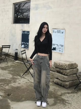 Washed cargo strap denim pants