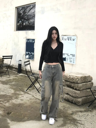 Washed cargo strap denim pants