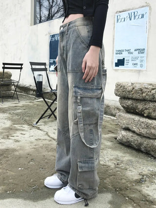 Washed cargo strap denim pants