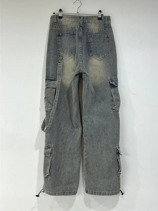 Washed cargo strap denim pants