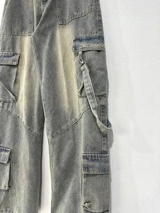 Washed cargo strap denim pants