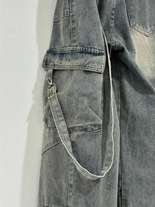Washed cargo strap denim pants