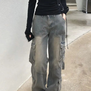 Washed cargo strap denim pants