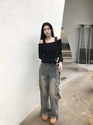 Washed cargo strap denim pants