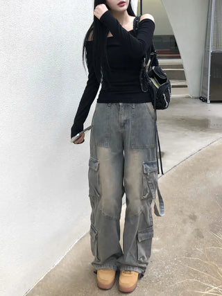 Washed cargo strap denim pants