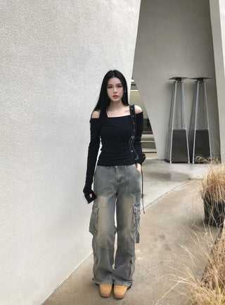 Washed cargo strap denim pants