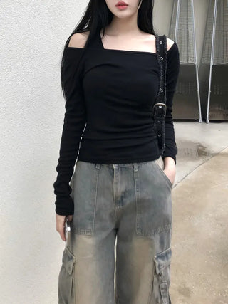 Washed cargo strap denim pants