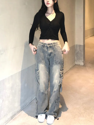 Washed cargo strap denim pants