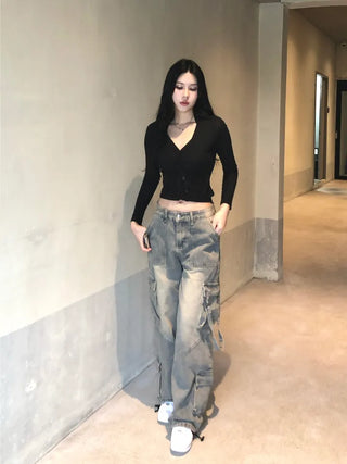 Washed cargo strap denim pants