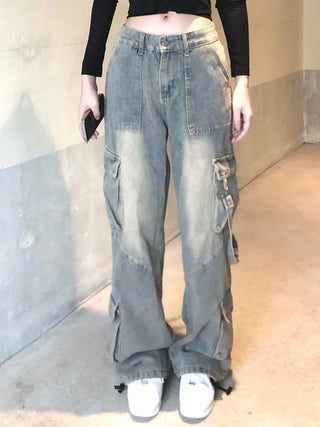 Washed cargo strap denim pants