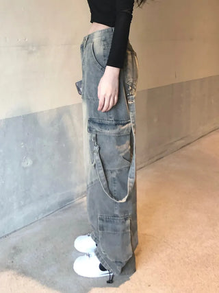 Washed cargo strap denim pants