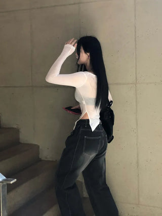 Side pin tuck washed denim pants