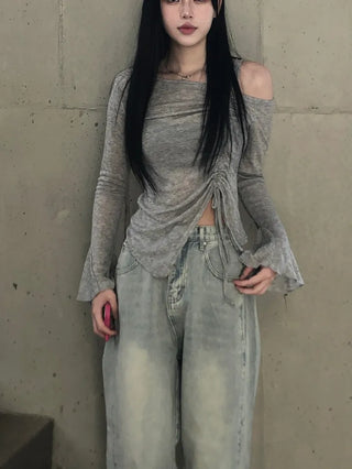 Side pin tuck washed denim pants