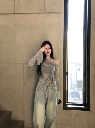 Side pin tuck washed denim pants