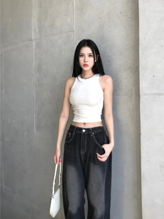 Side pin tuck washed denim pants