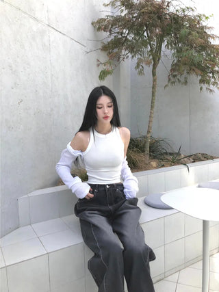 Side pin tuck washed denim pants