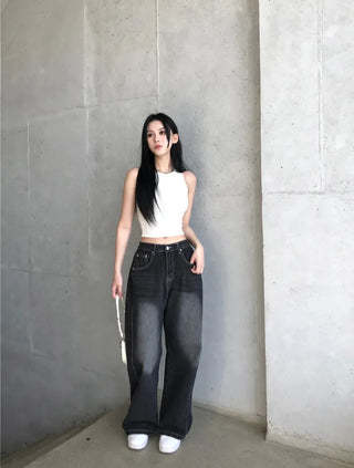 Side pin tuck washed denim pants