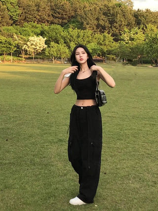 Black string cargo pants