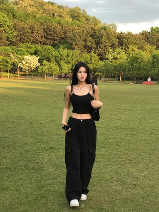 Black string cargo pants