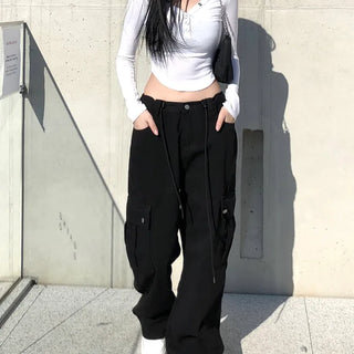 Black string cargo pants