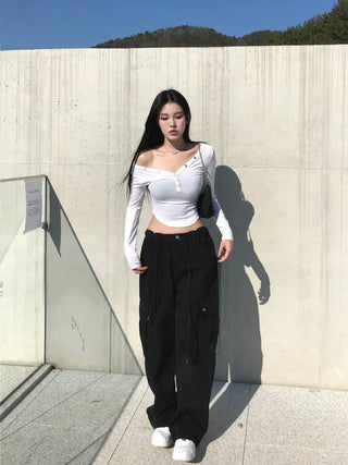 Black string cargo pants