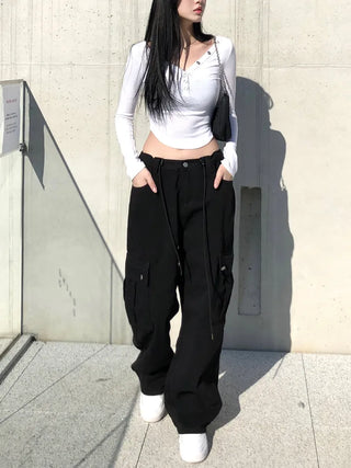 Black string cargo pants