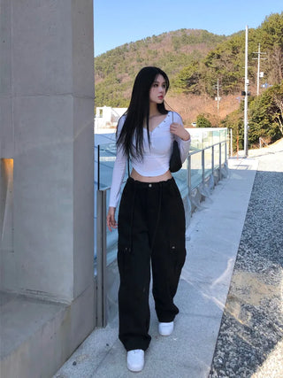 Black string cargo pants